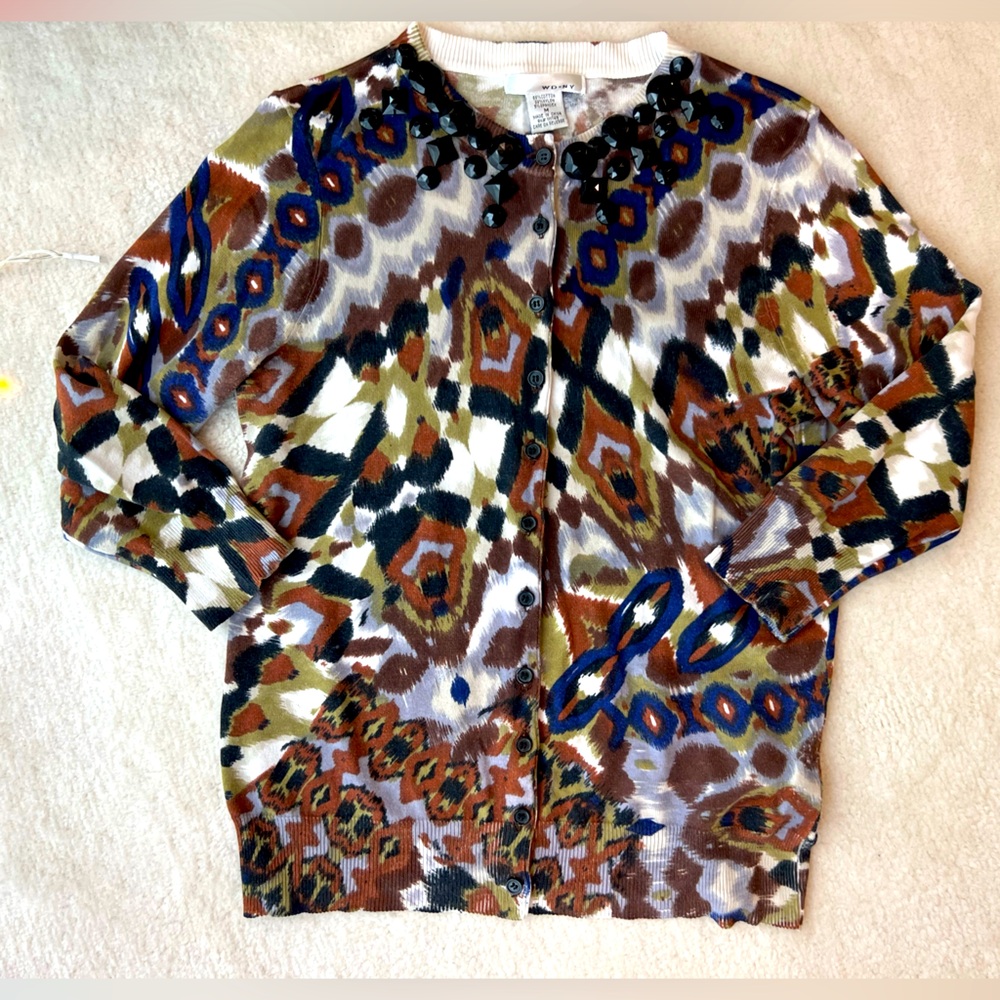WD NY Brown Blue White Long Sleeve Cardigan with Shiny Stones Decor on the Neck